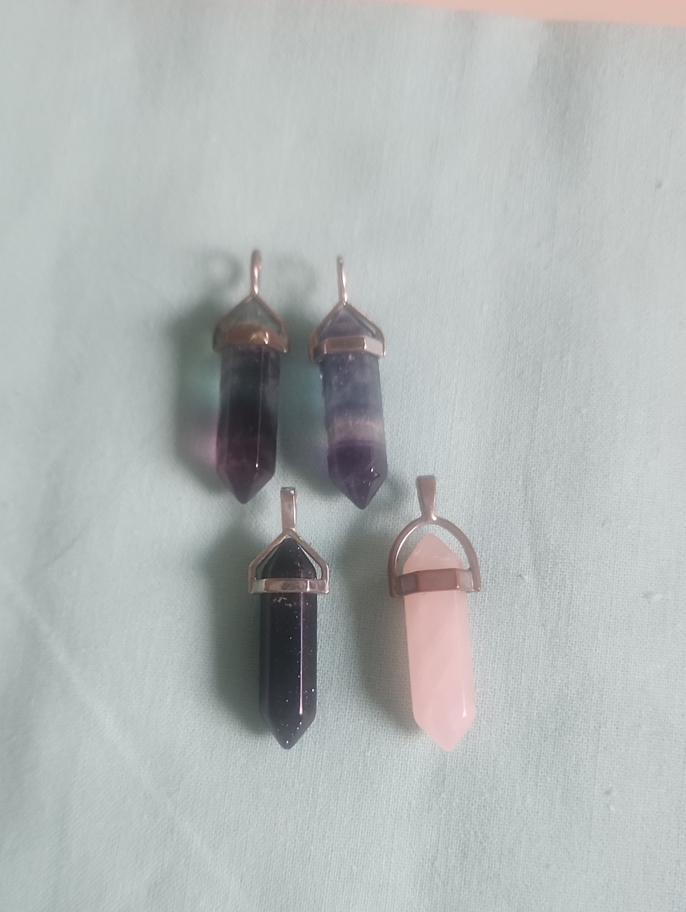 Set Of 4 - 1 x Rose Quartz, 2x Fluorite,1 x Goldstone Point Pendant Necklaces